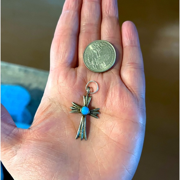 Authentic & Stamped Sterling Silver / Turquoise Cross Pendant - Picture 1 of 3